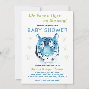 Blå Tiger Baby Akvarell 2022 Baby Shower Inbjudningar