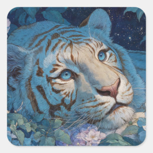 Blå Tiger i Frodig Lavendel och Blå Blomsterträdgå Fyrkantigt Klistermärke