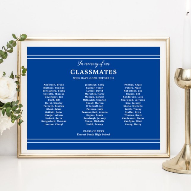 Blå till minne av klasskamrater skolåterträff poster (Skapare uppladdad)
