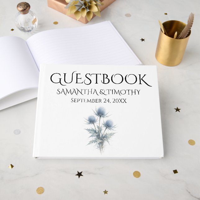Blå Tistel Skotsk Blommig Vattenfärg Bröllop Gästböcker (Framsida Öppen)