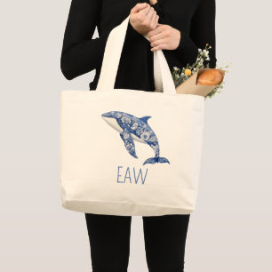Blå Toile Blommig Beach Delfin Personlig Jumbo Tygkasse