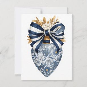 Blå Toile Blommig Hjärtan Navy Rand Band Julkort
