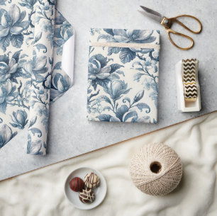 Blå Toile Blommig Vintage Elegant Presentpapper