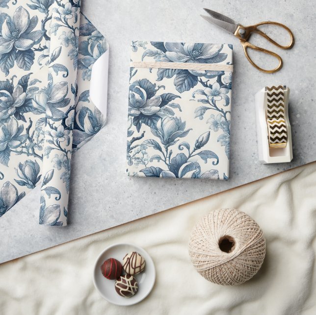 Blå Toile Blommig Vintage Elegant Presentpapper (Hantverk)