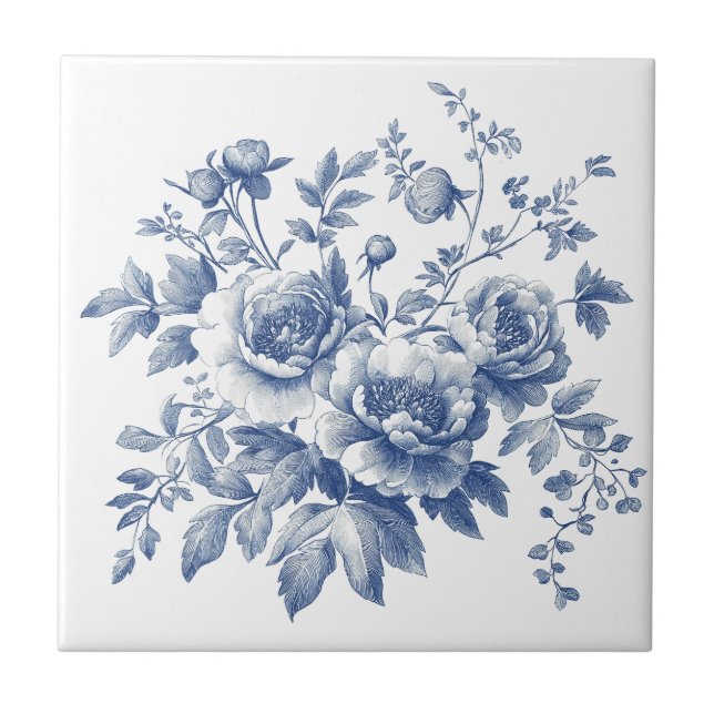 Blå Toile Chinoiserie Akvarell Blommor Kakelplatta (Framsidan)