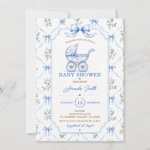 Blå Toile Chinoiserie Baby Shower Gunga Blommig Inbjudningar