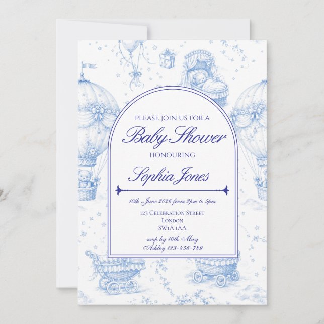 Blå Toile de Jouy Baby Shower-inbjudan Inbjudningar (Framsida)