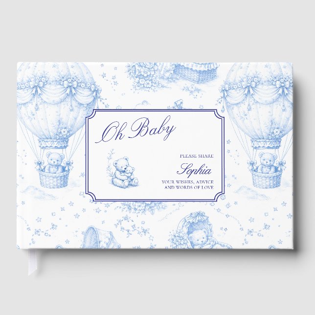 Blå Toile de Jouy Bebis Shower Gästebok Gästböcker (Framsida)