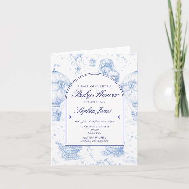 Blå Toile de Jouy Bebis Shower Inbjudan (Framsida)