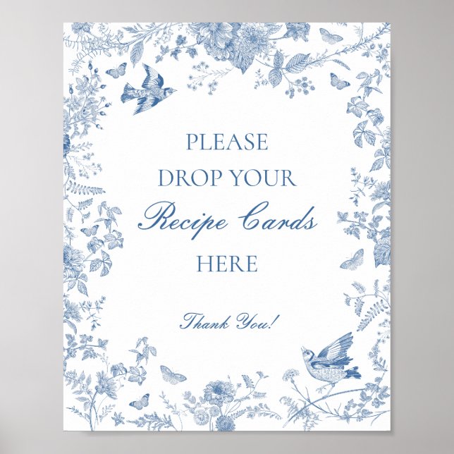 Blå Toile De Jouy Blommig Dela ett Recept Bröllop Poster (Framsidan)