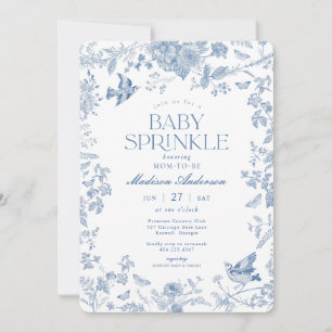 Blå Toile De Jouy Fransk Blommig Baby Strössel Inbjudningar