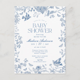Blå Toile De Jouy Fransk Blommig Bebis Shower Vykort