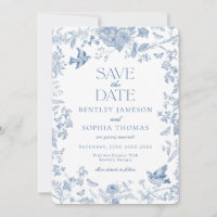 Blå Toile De Jouy Fransk Blommig Rädda Datumet