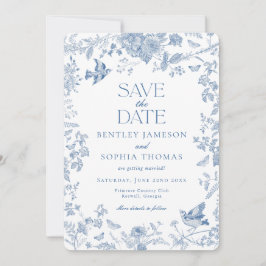 Blå Toile De Jouy Fransk Blommig Rädda Datumet Inbjudningar