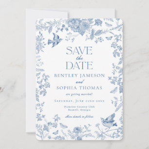Blå Toile De Jouy Fransk Blommig Rädda Datumet Inbjudningar