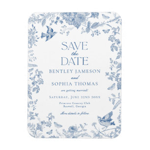 Blå Toile De Jouy Fransk Blommig Spara Datum Magnet