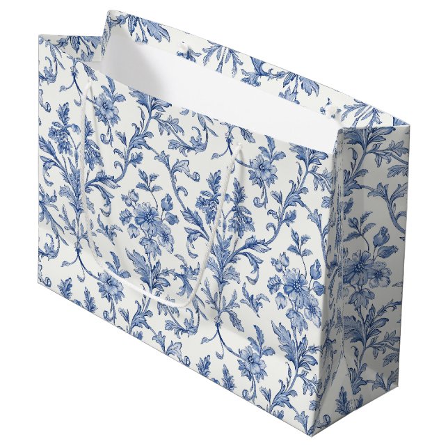 Blå Toile de Jouy fransk landstil blomstermönster (Framsidan Vinklad)