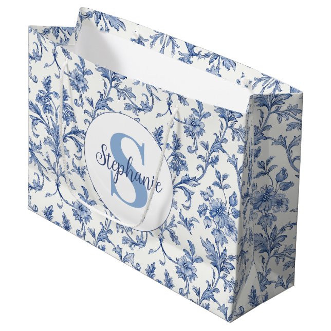 Blå Toile de Jouy fransk landstil blomstermönster (Framsidan Vinklad)