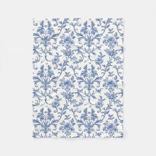 Blå Toile de Jouy fransk landstil blomstermönster Fleecefilt (Framsidan)