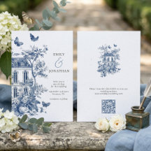 Blå Toile De Jouy QR Bröllop Spara Datum