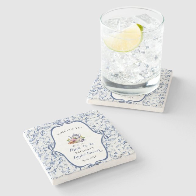 Blå Toile de Jouy Tesalong Bryllopsfest Stenunderlägg (Sidan)