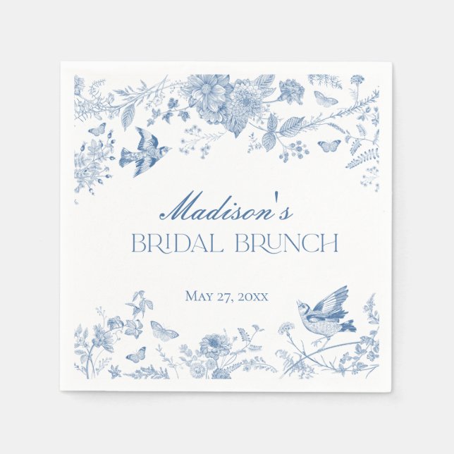 Blå Toile De Jouy Vintage Blommig Bröllopsbrunch Pappersservett (Framsidan)