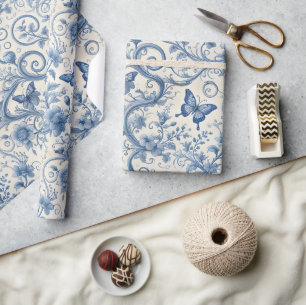 Blå Toile Fjärilar Blommig Vintage Presentpapper