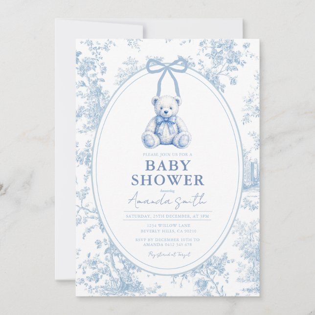 Blå Toile Fransk Björn Bebis Shower Inbjudan (Framsida)