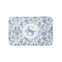 Blå Toile Fransk Monogram Namn Blommönster
