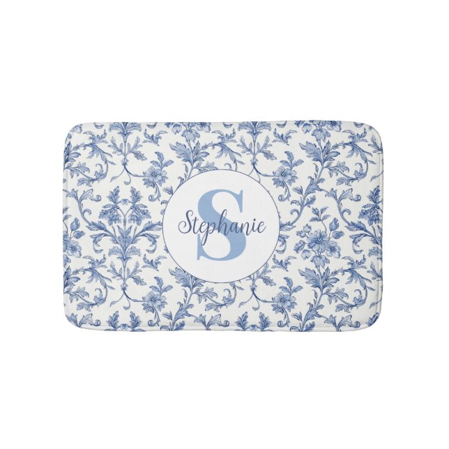 Blå Toile Fransk Monogram Namn Blommönster Badrumsmatta (Framsidan)