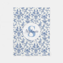Blå Toile Fransk Monogram Namn Blommönster