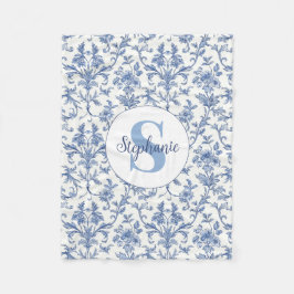 Blå Toile Fransk Monogram Namn Blommönster Fleecefilt