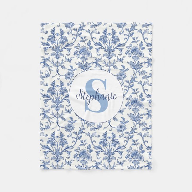 Blå Toile Fransk Monogram Namn Blommönster Fleecefilt (Framsidan)