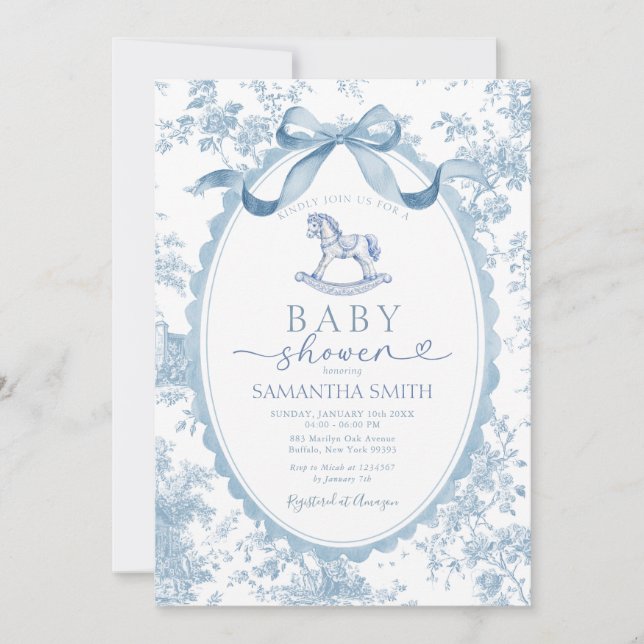Blå Toile Gunghäst Baby Shower Inbjudan (Framsida)