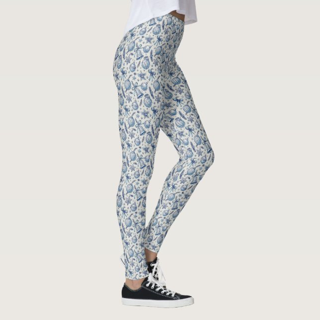 Blå Toile Jul Ornamentik, Klockor & Band Leggings (Höger)