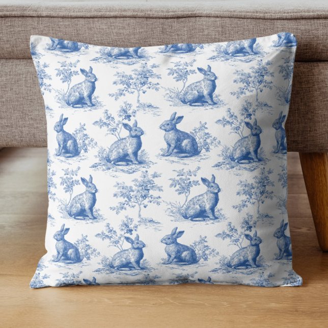 Blå Toile Kanin Vintage Kanin Mönster Kudde (Skapare uppladdad)