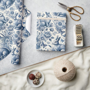 Blå Toile Kanin Vintage Presentpapper