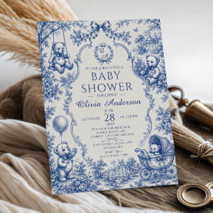 Blå Toile Nalle Babyshower Inbjudningar