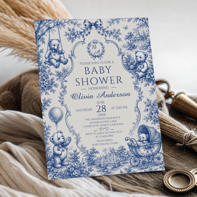 Blå Toile Nalle Babyshower Inbjudningar (Skapare uppladdad)