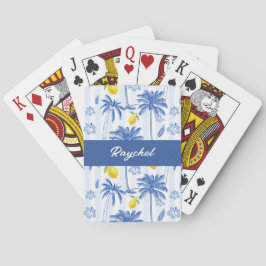 Blå Toile Palmträd Citroner Monogram Namn Casinokort