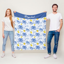 Blå Toile Palmträd Citroner Monogram Namn Fleecefilt