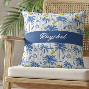 Blå Toile Palmträd Citroner Monogram Namn Kudde