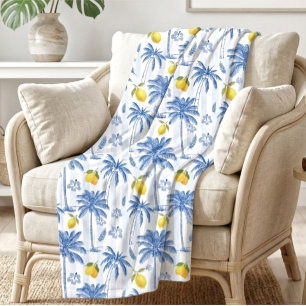 Blå Toile Palmträd Citroner Mönster Fleecefilt