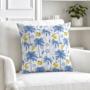 Blå Toile Palmträd Citroner Mönster Kudde