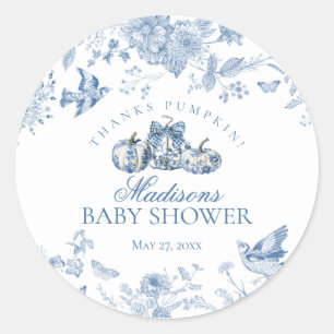 Blå Toile Pumpa Fransk Höst Baby Shower Förmån Runt Klistermärke