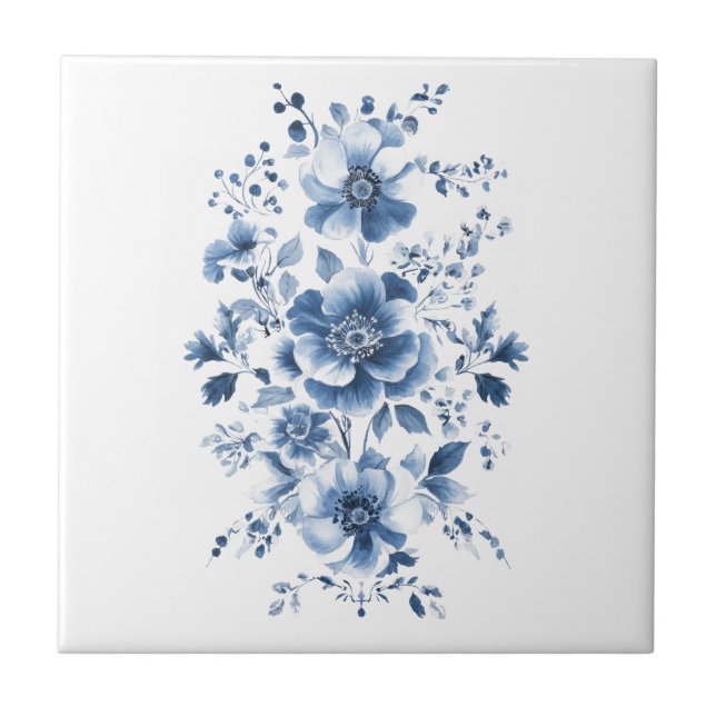 Blå Toile Regency Chinoiserie Akvarell Blommig Kakelplatta (Framsidan)