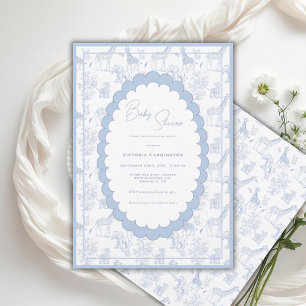 Blå Toile Safari Vintage Baby Shower Inbjudningar