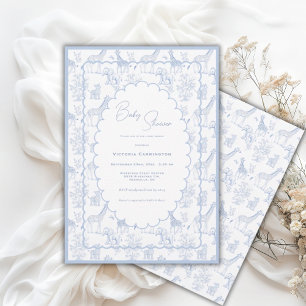 Blå Toile Safari Vintage Baby Shower Inbjudningar
