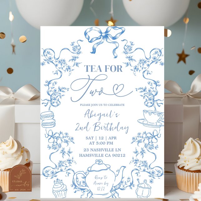 Blå Toile Tea for Two 2-års födelsedagsinbjudan Inbjudningar (Skapare uppladdad)