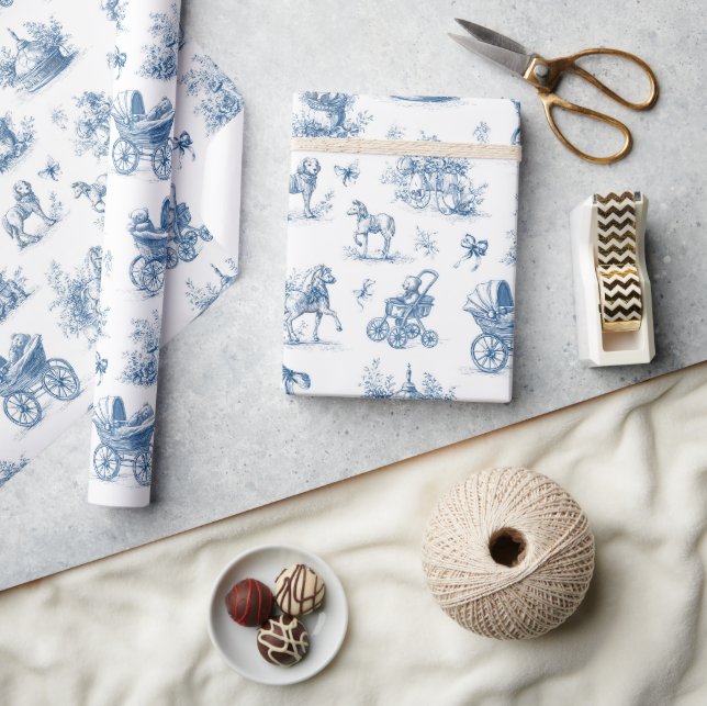 Blå Toile Vintage Babyfirande  Presentpapper (Hantverk)